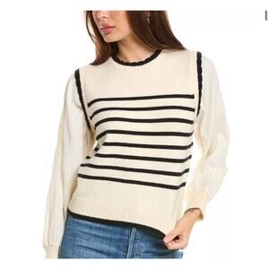 Nanette Lepore XL Twofer Contrast Smocked Sleeves Soft Sweater Scallop Trim
